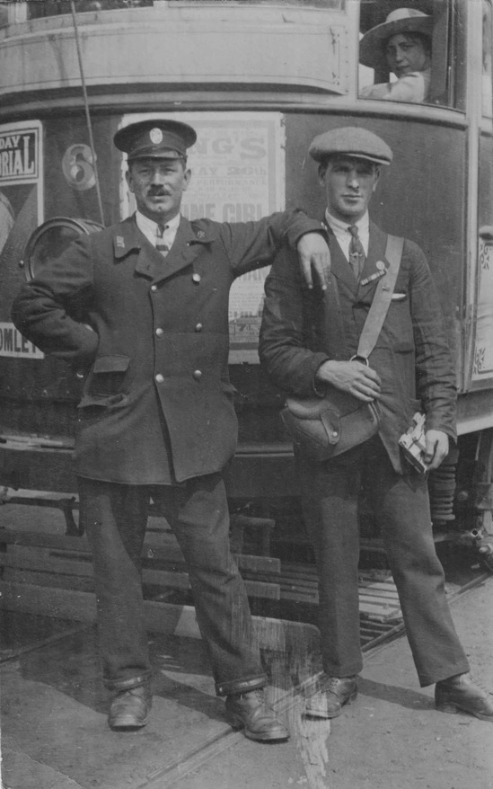Kinver Light Rly No 6 in the 1920s with motorman Happy Jack and a conductor
