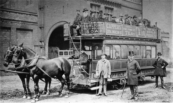 Sheffield Tramways Company Horse Car No 9 and crew outside Tinsley Depot