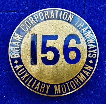 Birmingham Corporation Tramways Auxiliary Motorman Tram driver's badge