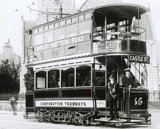 Aberdeen Corporation Tramways tram crew Tram No 16 at Mannofield