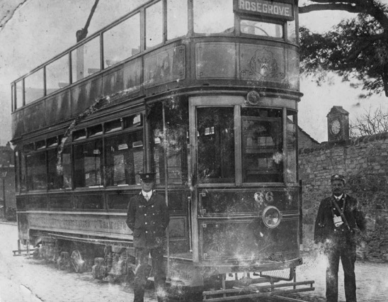 Burnley Corporation Tramways crew and tram No 66