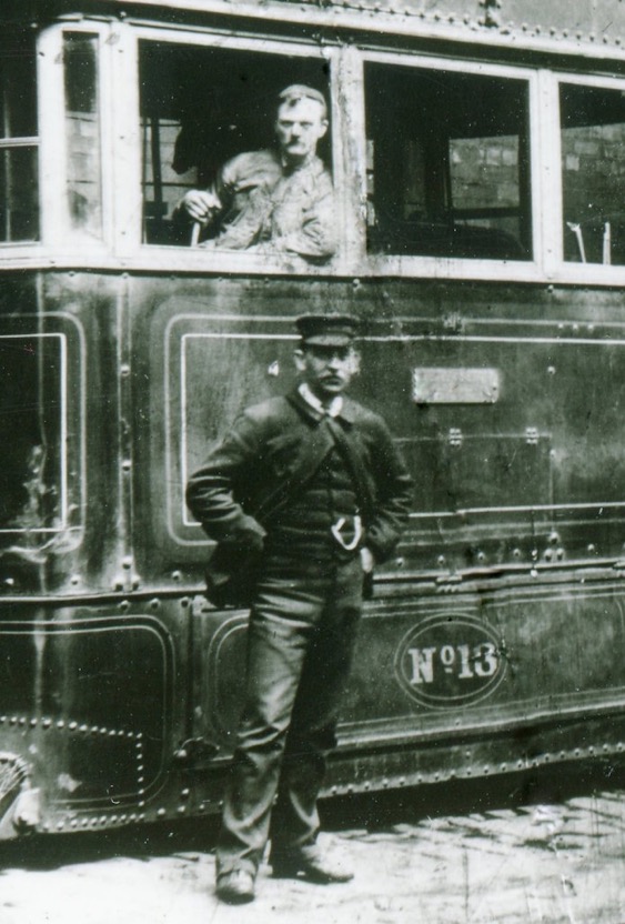 Bradford Tramways and Omnibus Company depot photo Engine No 13 and driver