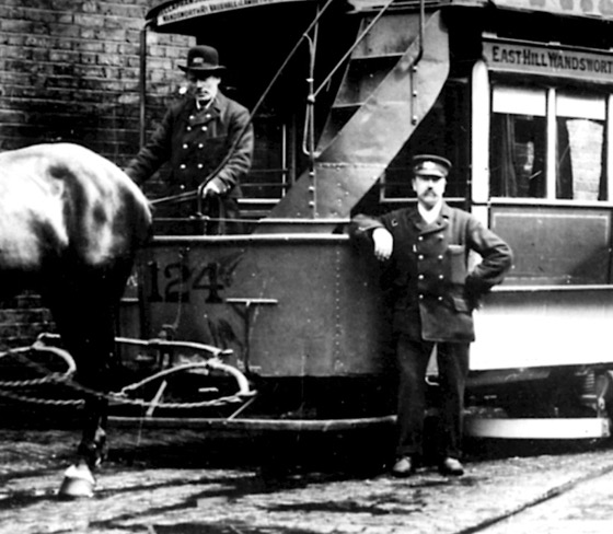London County Council Tramways horse tram no 124 and crew