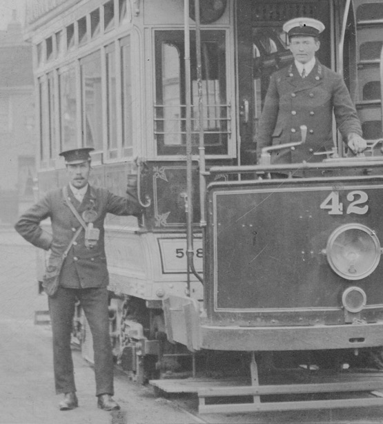 Metropolitan Electric Tramways conductor and motorman W Moore at Waltham Cross