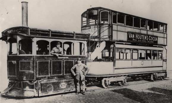 Leeds Tramway Company steam tram No 16 with crew