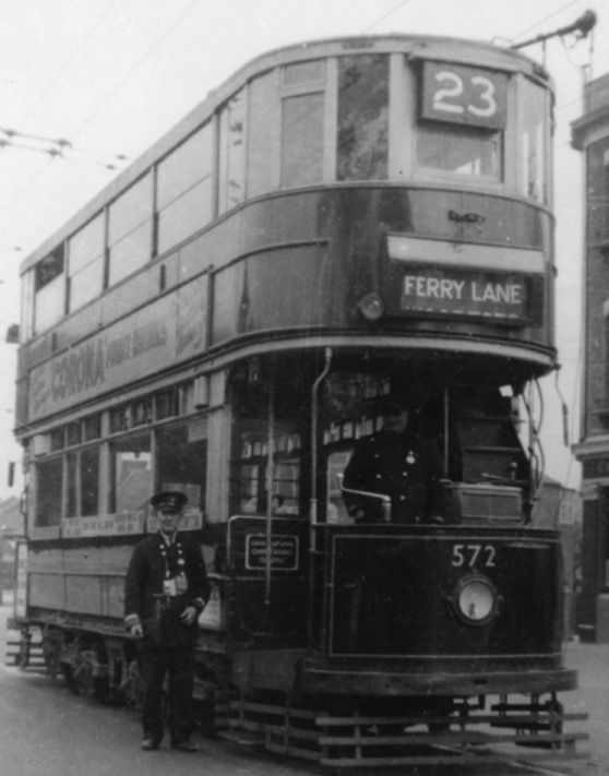 London Transport Tramcar No 572 and crew Ferry Lane